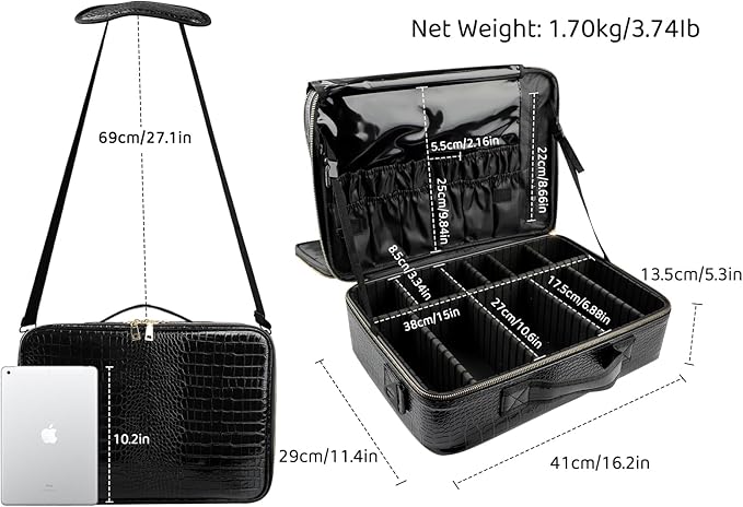 JOURMON Travel Makeup Train Case,Large Capacity Cosmetic Bags for Women,Portable Makeup Bag Organizer with Adjustable Dividers & Shoulder Strap (Crocodile Pattern Black, L)