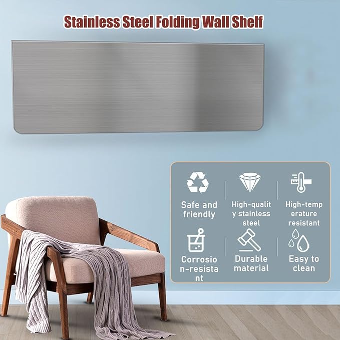 304 Stainless Steel Folding Wall Shelf Wall Mount Kitchen Storage Shelves Rounded Corners Food-Grade Folding Table Thickened Bracket for Laundry Room Garage Restaurant.(40x30cm/15.7x11.8in)