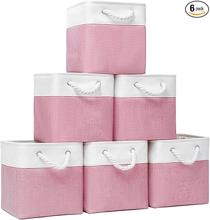 Fabric Storage Cubes, 11 inch cube storage bin with Handles, 11x11cube storage organizer bins, Collapsible Storage Bins for Shelves and Home, Cubby Storage Bins (White-Pink, 10.5x10.5x11in)