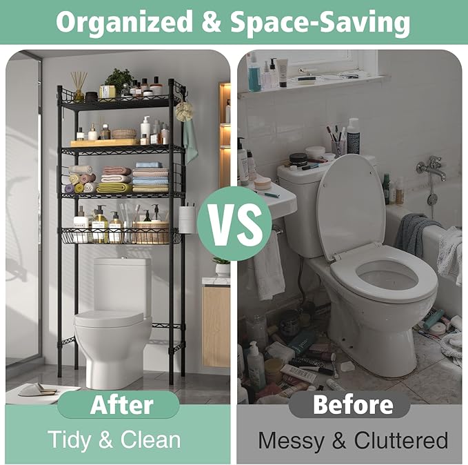PrimeZone Over The Toilet Storage Shelf - 4 Tier Adjustable Metal Bathroom Wire Shelves Organizer with 2 Hooks, Freestanding Above Toilet Storage Rack for Bathroom Laundry, White