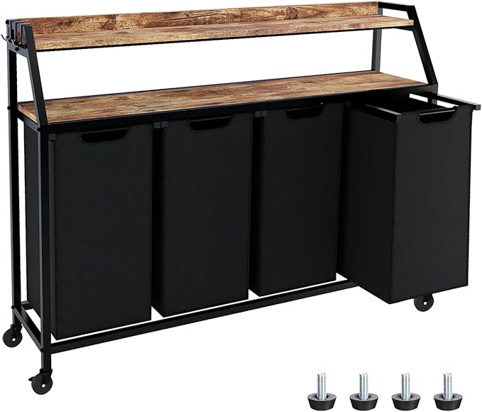 Laundry Hamper, Laundry Sorter with 4 Section, Rolling Basket with Wheels, 2 Shelves, 4 14.5 Gal, Pull-Out and Removable Oxford Fabric Bags for Laundry Room, Black and Rustic Brown