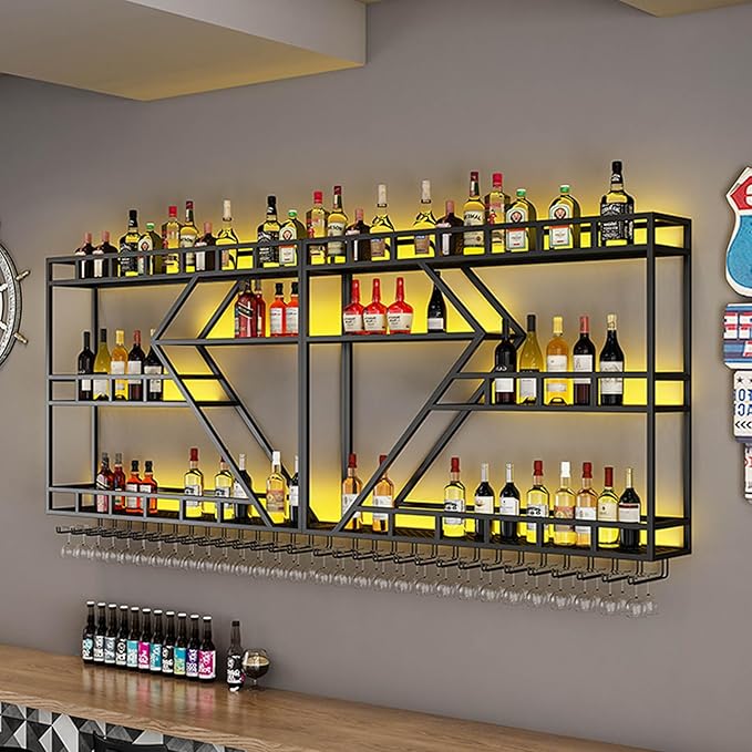 95in Wall Mounted Wine Rack, Large Metal Wine Bottle Holder , 3 Tier Modern Fashion Diamond Shaped Floating Bar Unit Wine Storage Shelves, for Home Restaurant Bars Decor (Black, 3 Tier - 95in)