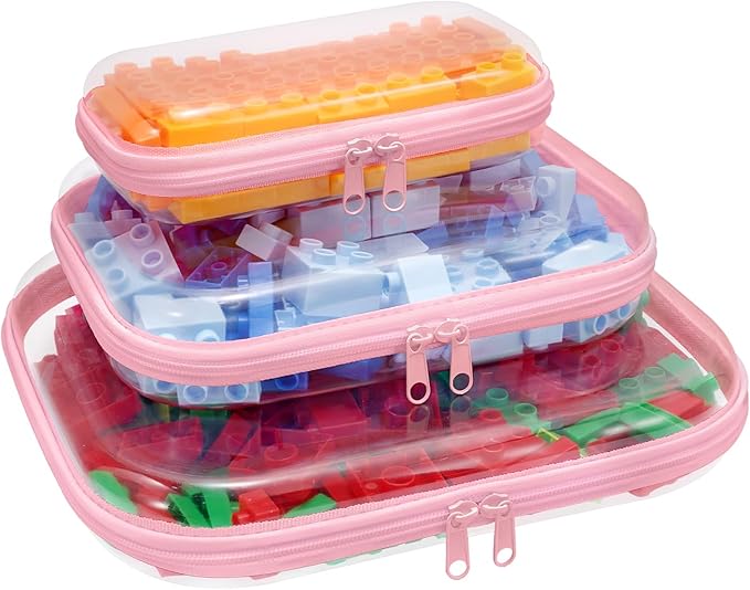 Clear Hard Plastic Zipper Case,Transparent Double Zippers Hard Pouch with 3pcs,Portable Travel Organizer Bin for Toy Storage