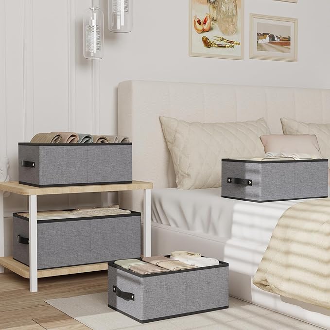 Foldable Storage Bins with Handles, Fabric Storage Cubes for Organizing, Decorative Linen Closet Organizers, 18.5 × 11 × 7.9 Inch, Gray, 4-Pack