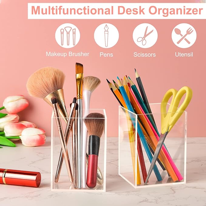 4-Piece Clear Acrylic Pen Holder & Pencil Cup - Makeup Brush Holder - Desktop Stationery Organizer for Office, School, Home - 4 Pack, Square