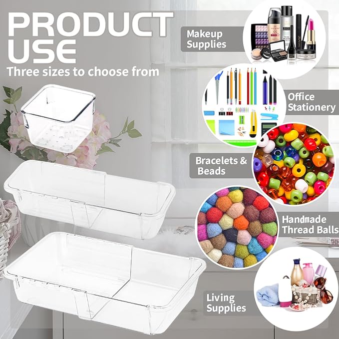 25 PCS Adjustable Desk Drawer Organizer, Acrylic Clear Drawer Organizers, 3 Size Desk Drawer Organizer for Cosmetics, Jewellery, Office, Gadgets, Kitchenware