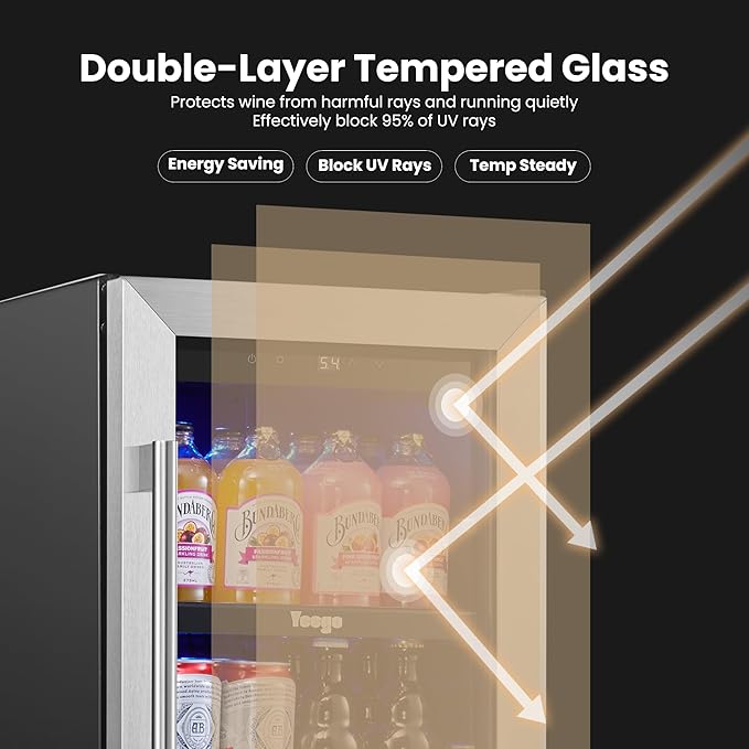 Yeego 15 Inch Beverage Refrigerator – 100 Can Mini Fridge with Glass Door, 34-54 ℉ Built-In Freestanding or Under Counter Beverage Cooler for Drink Soda Wine - For Home Bar Office