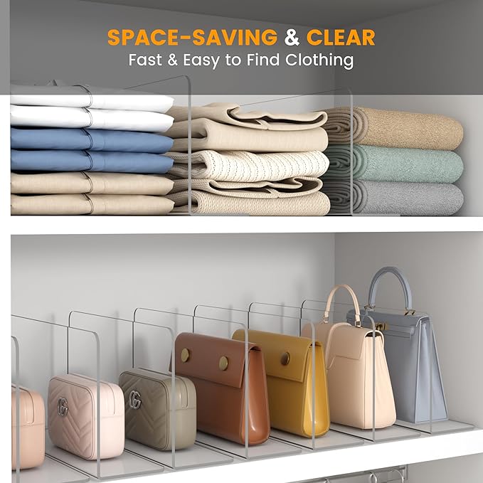 OKPOW Shelf Dividers for Closet Organizer: 12 Inch Tall Acrylic Clear Closets Organization Storage for Sweater Clothes Bag Purse Towel - 12 Pack Adjustable Plastic Vertical Separators for Wood Cabinet