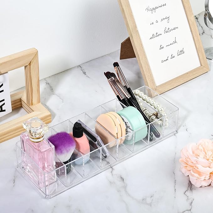 Acrylic Makeup Brush Organizers,2 Pack 8 Section 8 Compartments Transparent Plastic Lipstick Holder Clear 9.96x3.46x1.81 Inches Storage Square Cube for Bathroom Jewelry Accessories