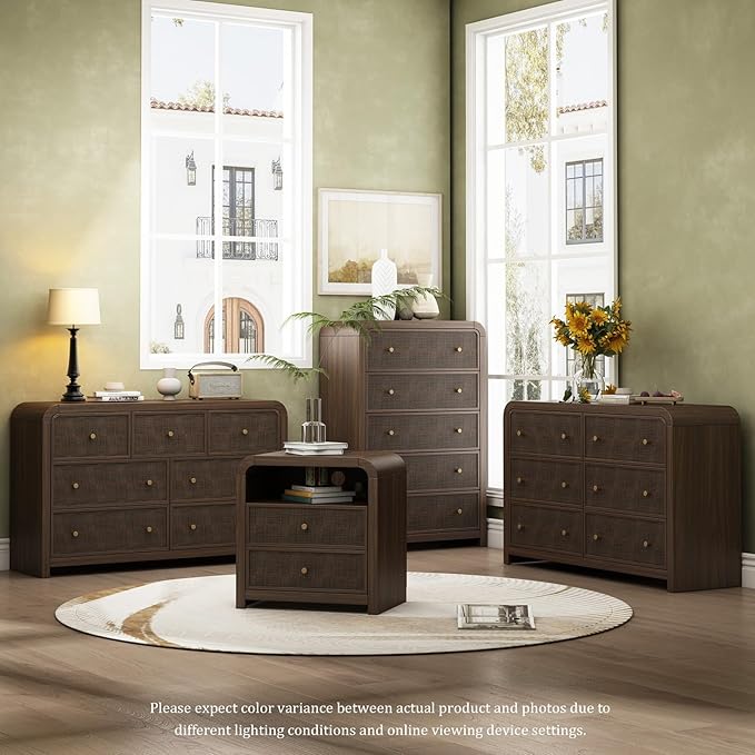 Oak&Sparrow 7 Drawer Dresser for Bedroom, 49'' Rattan Dresser with Ample Storage, Boho Chest of Drawers, Thickened Curved Profile Design, Dark Walnut Dressers for Bedroom, Living Room