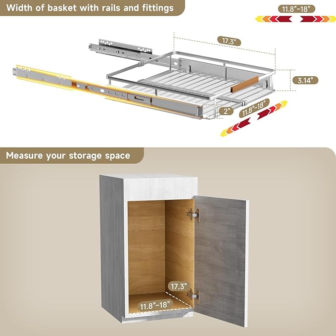 2 Pack Expandable Pull Out Cabinet Organizer，Side Mounting 11.8~18"x17.3"Cabinet Pull Out Shelves, Expandable Slide Out Spice Rack for Cabinet for Kitchen Bathroom Office