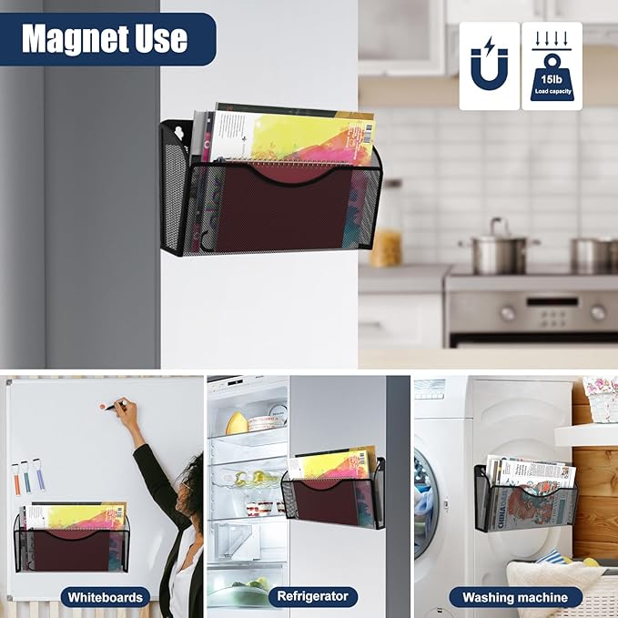 Magnetic File Holder 2 Pockets File Folder Organizer, Office Hanging Magazine Rack for Refrigerator, White Board, No Drilling Paper Document Holder Mail Organizer for File Cabinets