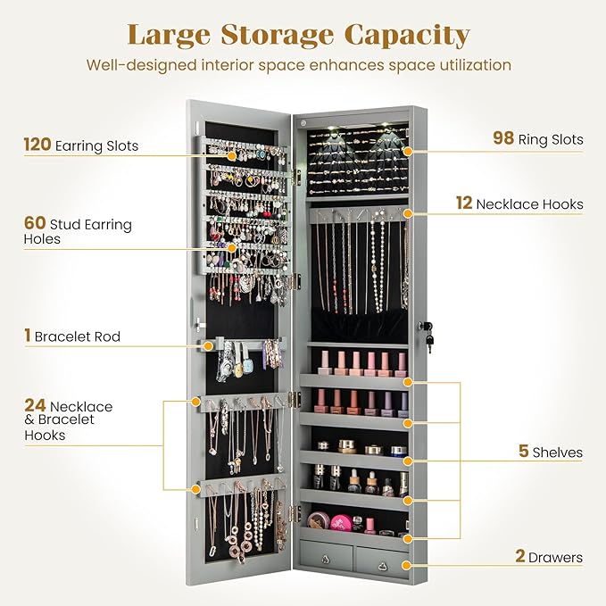 Giantex Wall or Door Mounted Jewelry Armoire with 47.5" Full Length Mirror, Lockable Cabinet with 2 LED Lights, 2 Drawers, Over the Door Large Jewelry Storage Organizer (Gray)