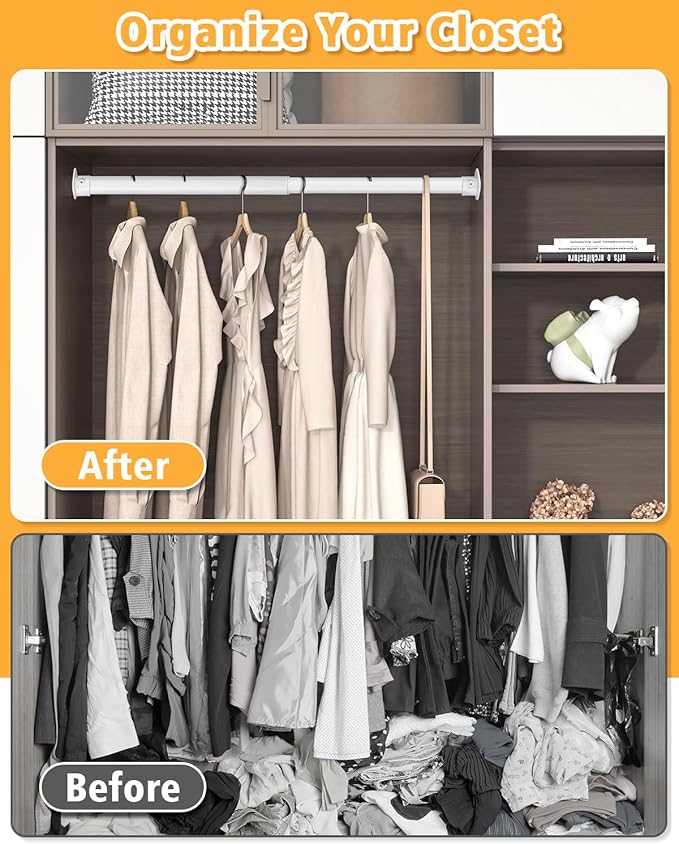Closet Rod, 17 to 76 Inch Heavy Duty Adjustable Metal Clothing Rack for Hanging Clothes, Closet Poles for Wardrobes, Laundry, Durable Steel, White