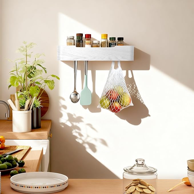 Wall Coat Rack Floating Shelves Modern Coat Rack Wall Mount with Storage Entryway Shelf Wooden Hanger 20 Inch 4 Hidden Metal Hooks for Living Room Bedroom (White, 5 Hooks)