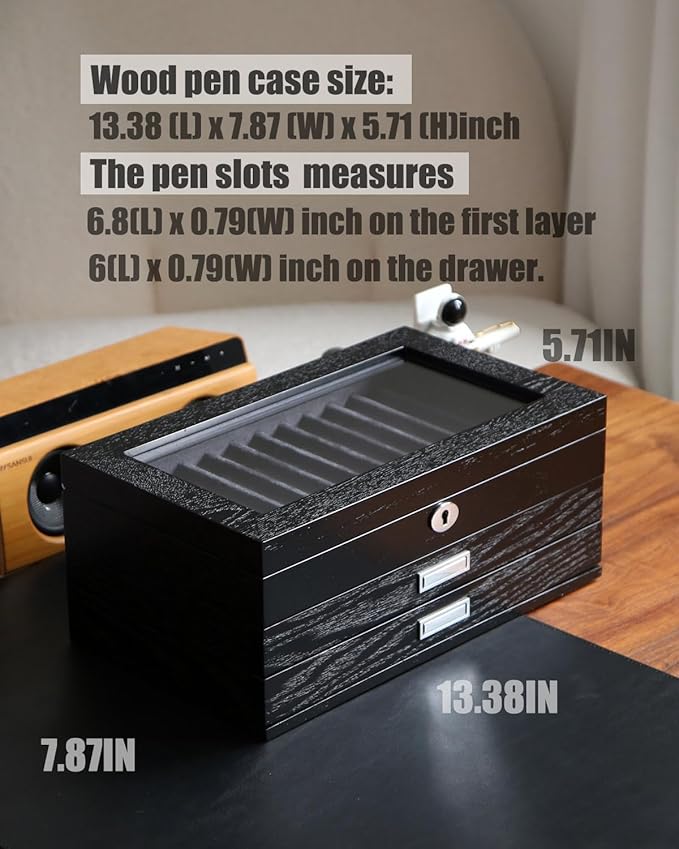 wood pen display case 36 slot Fountain pen Box storage Organizer with drawer, Top Glass Window Pen Collection Display Case