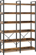 Seventable Bookshelf 6 Tier with 4 Hooks, 67” Industrial Wooden Bookcase, Vintage Storage Rack with Open Shelves, Rustic Standing Bookshelves Metal Frame 43.3” Wide Display Rack, Rustic Brown