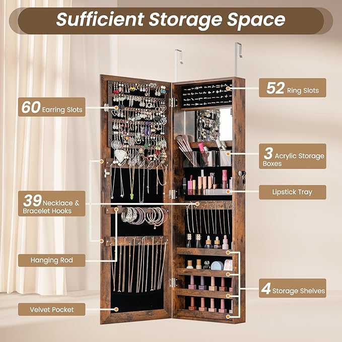CHARMAID Jewelry Cabinet Wall or Door Mounted, Hanging Lockable Jewelry Armoire Storage with Full Length Mirror, Interior Makeup Mirror, Over the Door Jewelry Organizer Box with Mirror (Rustic Brown)
