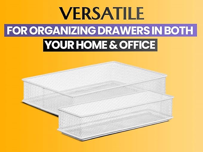 YBM HOME Silver Mesh Drawer Organizer and Storage for Kitchen Drawers, Serves as School Supply Holder, Office Desktop Organizer Basket, Makeup and Craft Supplies Organization, (2 Pack, 8x12x2 Inch)