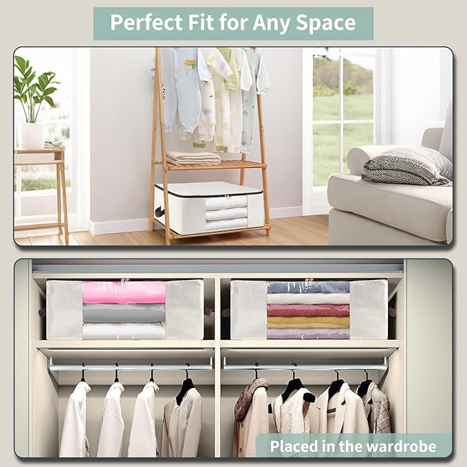 iwill CREATE PRO 2-Pack 65x45x23cm Cotton Canvas Storage Bags with See-Through Window - Soft, Durable & Space-Saving for Clothes, Blankets, Pillows