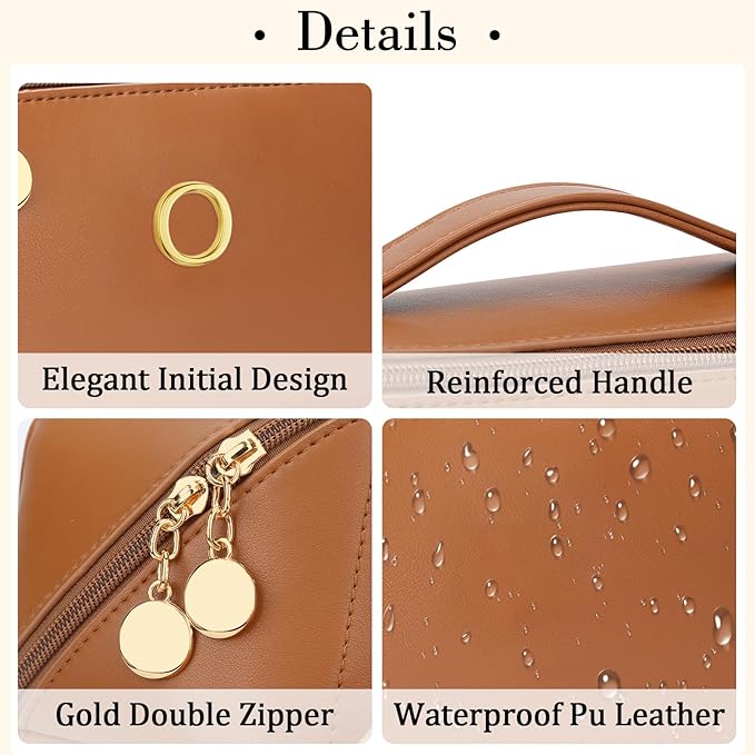 Birthday Gifts for Women Teen Girl, Personalized Initial Makeup Organizer Bag Set, Open Flat Travel Cosmetic Bag With Clear Divider and Handle(Brown,O)