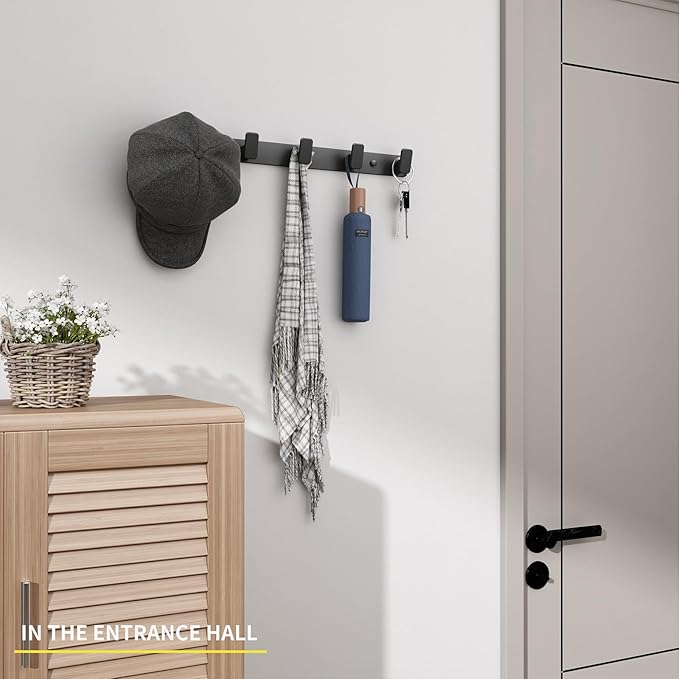 Black Coat Rack Wall Hooks for Hanging Heavy Duty Door Hooks with 5 Hooks Key Holder for Wall Hat Rack for Entrance Coat Hook