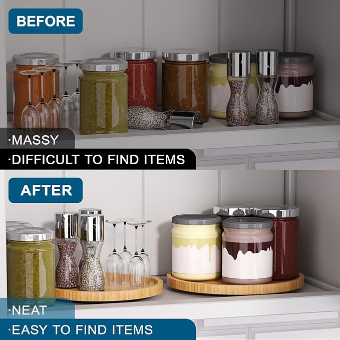Lazy Susan Organizer for Kitchen,Bamboo Turntable for Cabinet,Pantry,Vanity,Middle（Natural）