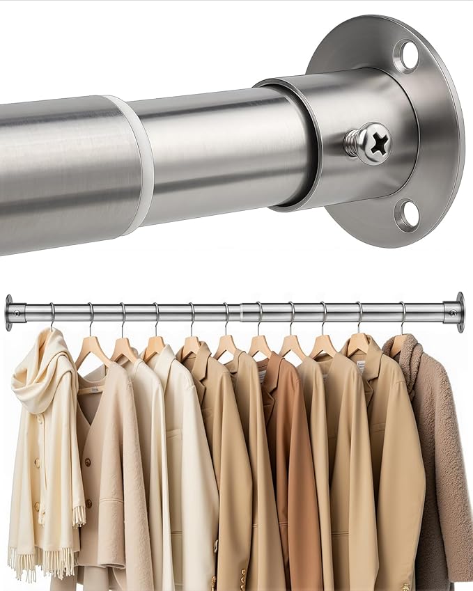 Closet Rods For Hanging Clothes, 17-40 Inch Heavy Duty and Stepless Adjustable Closet Poles, Stainless Steel Closet Hanging Rod for Closet, Wardrobes, Laundry Room, Bathroom, RV (Silver)