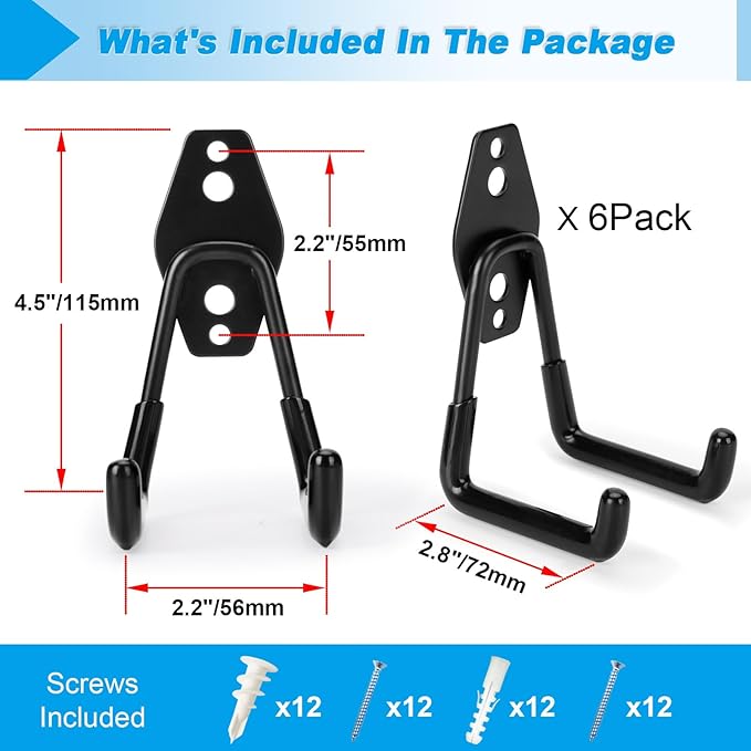 6 Pack Garage Hooks Heavy Duty - Supports 100 lbs, Utility Steel Garage Hanger & Organizer for Organizing Garden Lawn Tools, Ladders, Garden Hose, Digging Shovel, Bikes, Ropes