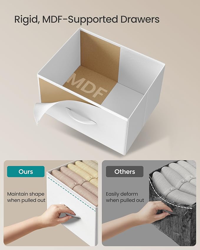 SONGMICS Dresser for Bedroom, Chest of Drawers, Steel, MDF, 4 Non-Woven Fabric Drawers, Storage Organizer Unit, Closet, Entryway, Cloud White and Snow White ULGS314W01S