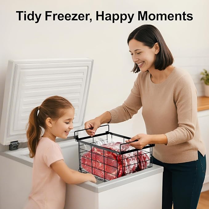 iSPECLE Freezer Organizer - 6 Pack Large Freezer Organizer Bins for 5 to 7 Cu.Ft Chest Freezer, Stackable Easy Access Food No More Digging, Sturdy Metal Wire Basket Not Scratch Bottom, Black