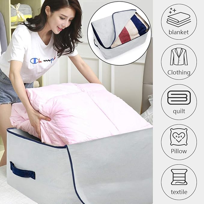Pack of 2, 100% Natural Canvas Cotton Large Size Storage Bags for Queen/King Size Bedding Sheet, Blankets, Winter Clothes Organizer Containers, Light Gray