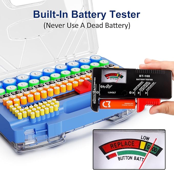 Battery Organizer Storage Holder Box Case with Tester, Stores & Protects Up to 285+ Batteries, Double-Sided and Durable Design,Holds AA AAA 4A C D Cell 9V 3V Lithium LR44 CR2 CR123 (Blue)