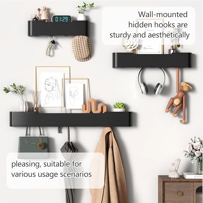 Coat Rack Wall Mount with Hidden Hooks Modern Key Holder Wood Entryway Hook with Shelf for Bedroom Kitchen Hallway Bathroom Designed for Hanging Coats Hats Bags Towels Dog Leashe(Black,4 Hooks)