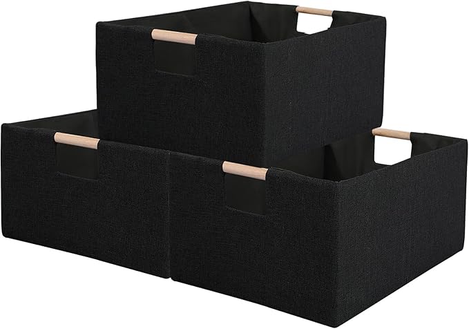 Fabric Storage Bin 3 Pack Foldable Cotton Linen Storage Basket with Wooden Handles Rectangular Cube Box – Black, Small
