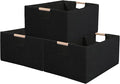 Fabric Storage Bin 3 Pack Foldable Cotton Linen Storage Basket with Wooden Handles Rectangular Cube Box– Black, Large