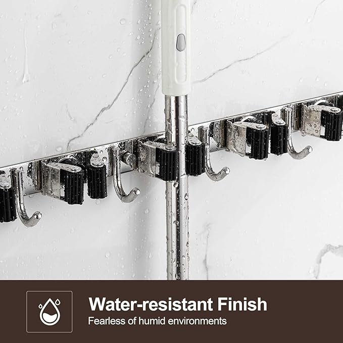 2 Pack Broom Holder Wall Mount, Stainless Steel Broom Hanger Wall Mount, Heavy Duty Mop and Broom Holder Tool Racks Utility Hooks for Laundry Room Garden Garage, Black (4 Racks and 5 Hooks)