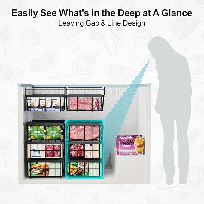 iSPECLE Large Expandable Freezer Organizer Bins - 4 Pack Chest Freezer Organizer Bins, for 10 to 20 Cu.FT Deep Freezer, 1 Hanging Basket and 3 Stackable Freezer Bins, Black