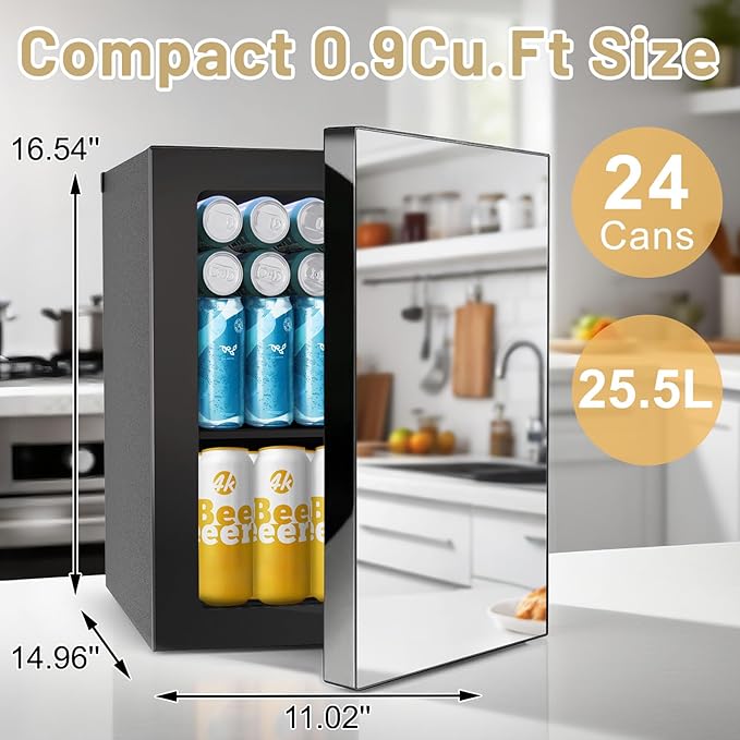 7 Temp Control 24Can/0.9Cu.Ft Mini Fridge For Soda, Drink, Beer,Wine, Mirrored Door Compact Beverage Refrigerator, Personal Beauty Cooler for Bedroom, Dorm, Office, Beverage Beauty Storage