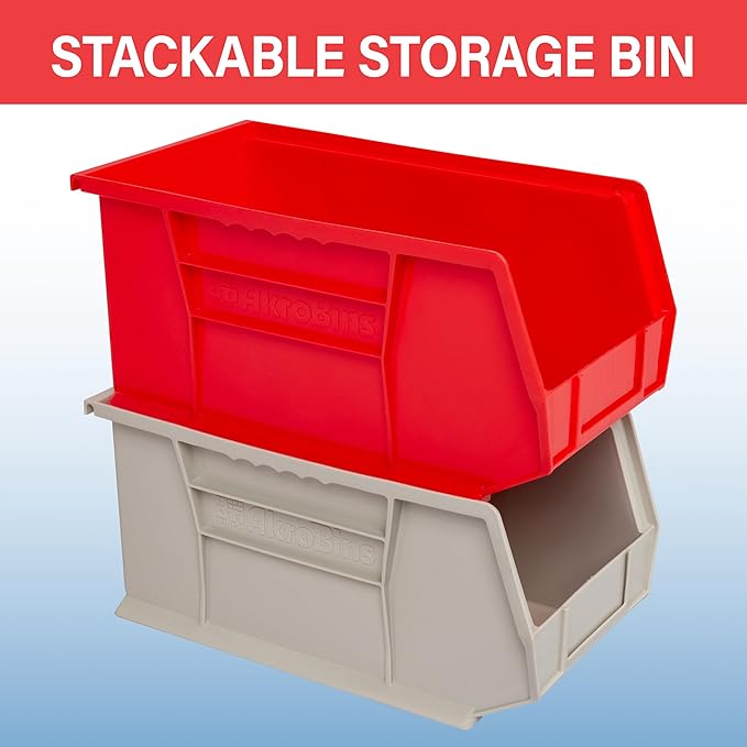 Akro-Mils 30240 AkroBins Plastic Storage Bins, Space-Saving Stackable Bins for Garage, Pantry, Craft Organization, 15" x 8" x 7", Stone, 12-Pack
