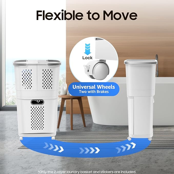 2 Layer Rolling Laundry Hamper Sorter - 4 Wheel Removable Laundry Basket Cart - Portable Multifunctional Storage Organizer - Mobile Laundry Organizer Cart for Bedroom Bathroom Closet