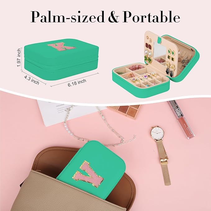 TopPerfekt Travel Jewelry Case, Jewelry Box with Mirror, Jewelry Organizer Bridal Shower Gifts to Her, Earring Storage Travel Case, Trendy Gift for Women and Girls, Girlfriend-Letter V, Green