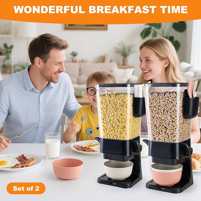 Cereal Dispenser Countertop Black 2 Pack with Bowls Spoons Cutlery Box,5.5 QT Dry Food Dispenser Snack Organizer Containers Storage for Pantry Kitchen Organization Oatmeal Nut Granola Candy