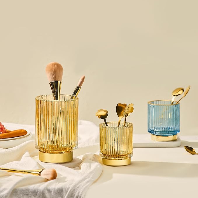 Makeup Brush Organizer, Toothbrush Holder, Desk Pen Pencil Holder, Multifunctional Vintage Glass Brush Cup (S/Blue/A3-13-US)