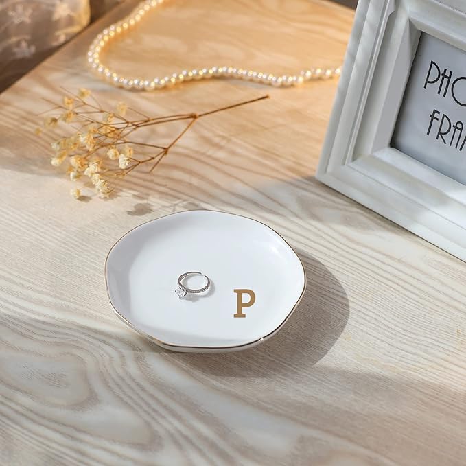 Initials Ring Dish Jewery Tray with Personalized P-Monogrammed Gifts Wedding Engagement for Women Friends Sister,Ceramic White