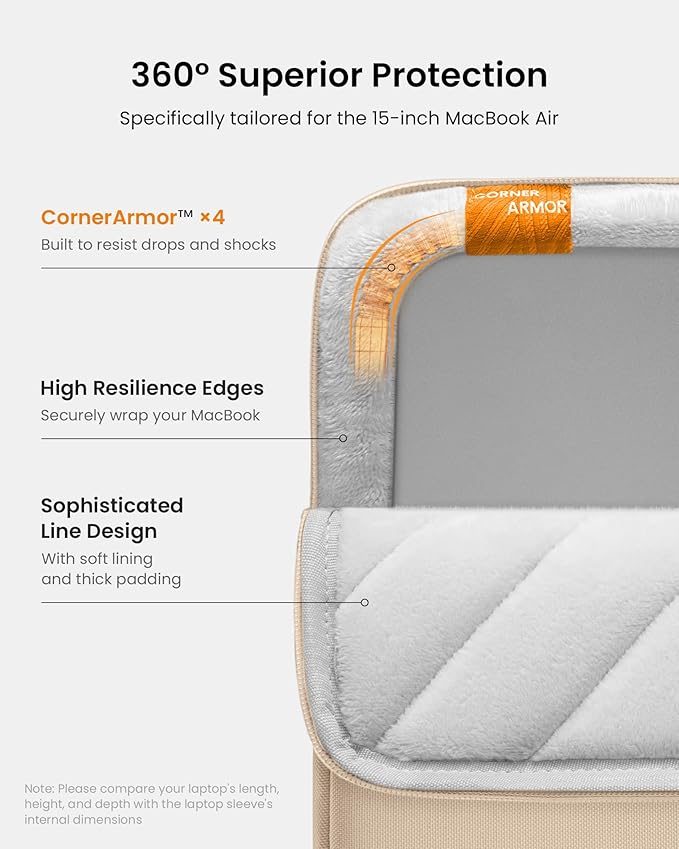 tomtoc 360° Protective Laptop Sleeve for 15-inch MacBook Air M4/A3241 2025, M3/A3114 2024, M2/A2941 2023, 15-inch MacBook Pro A1990 A1707, Dell XPS 15 Plus Laptop, Water-Resistant Computer Case Bag