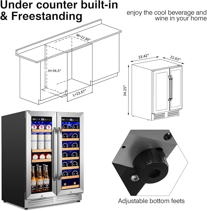 24-Inch Dual Zone Wine and Beverage Refrigerator with Glass Door & Lock- Freestanding/Under Counter Wine Cooler with Large Capacity Drink Fridge for Beer Soda, Fast Cooling
