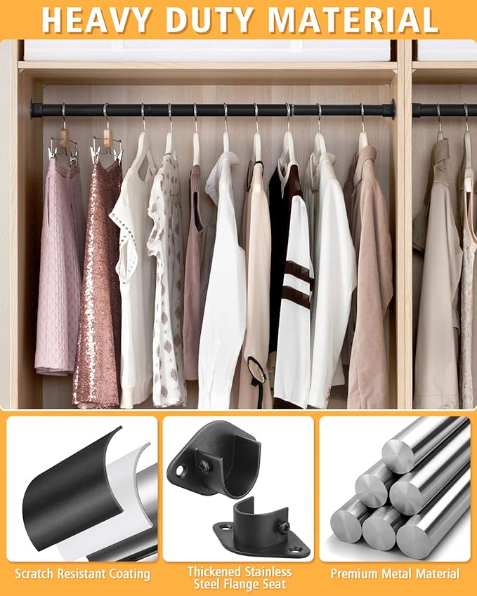Closet Rod, 17 to 52 Inch Heavy Duty Adjustable Metal Clothing Rack for Hanging Clothes, Closet Poles for Wardrobes, Laundry, Durable Steel, Black