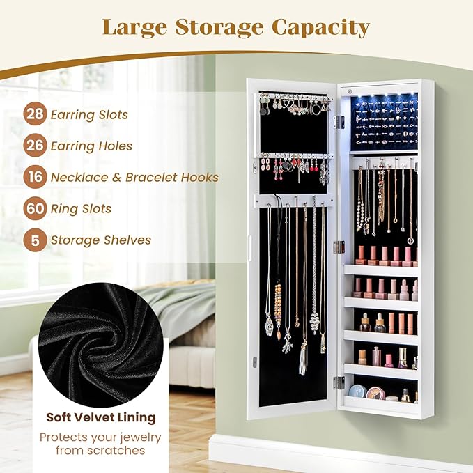 5 LEDs Mirrored Jewelry Cabinet Wall Mounted or Door Hanging, 42” Jewelry Box Armoire with Full Length Mirror, 2 Drawers & Shelves, Over the Door Jewelry organizers and Storage (White)