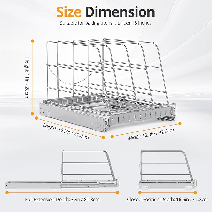 Pull Out Cabinet Organizer for Cutting Board, Cookie Sheet, Baking Sheet, Stainless Steel Sliding Rack for Bakeware & Trays, Heavy-Duty Cutting Board Organizer (12.9” x 16.5” (32.6 x 41.8 cm))